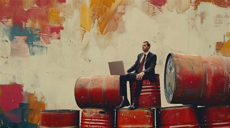 Premium Photo The Businessman Is Seated On A Barrel Of Oil Using His