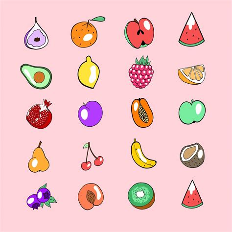 Icon Set Of Fruits Different Colorful Fruits Banana Apple Pear Orange Peach Plum