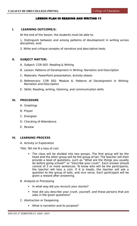 4as Lesson Plan Cor 002 Lesson Plan In Reading And Writing 11 I Learning Outcome S At The