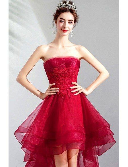 Burgundy Red Tulle Cute Prom Party Dress High Low With Lace Strapless