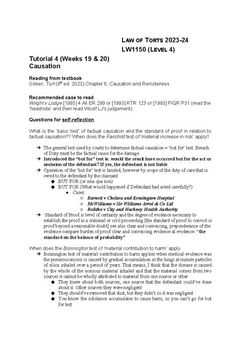 Causation Tutorial Sheet Level Lw Law Of Torts