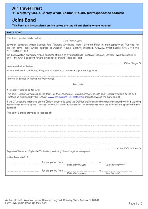 Form Cmg3052 Download Fillable Pdf Or Fill Online Joint Bond Air Travel Trust United Kingdom