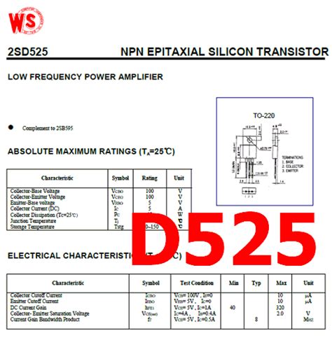 D525 Transistor - NPN, 100V, 5A, 2SD525 ( Datasheet PDF )
