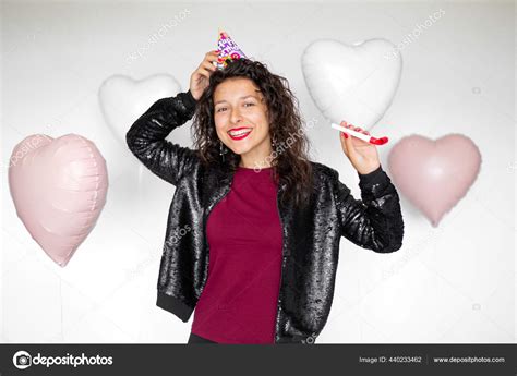 Sexy Brunette Girl Posing Heart Shaped Balloons White Background Stock Photo By Kukota