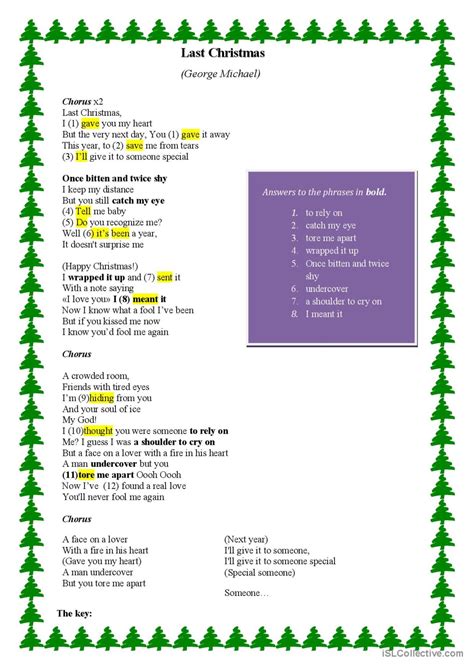 Last Christmas Lyrics Gap Fill Gen English Esl Worksheets Pdf Doc