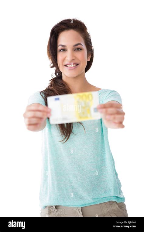 Pretty Brunette Showing A Bill Stock Photo Alamy