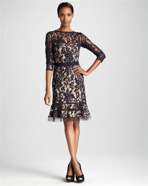 Tadashi Shoji Threequarter Sleeve Lace Cocktail Dress In Brown Navy