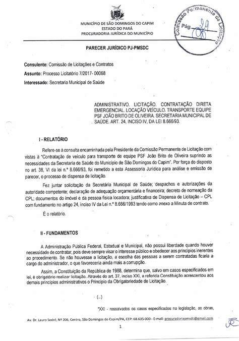 Parecer Jur Dico Prefeitura Municipal De S O Domingos Do Capim