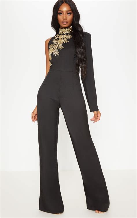 Black High Neck Embroidered Jumpsuit Prettylittlething Usa