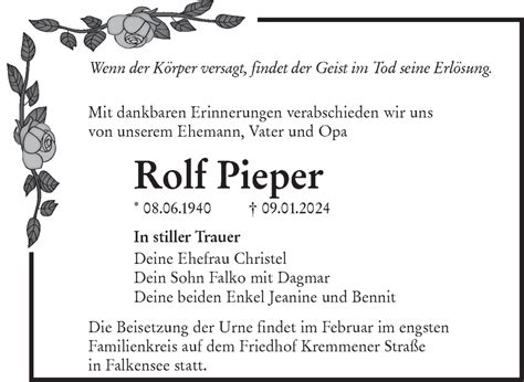 Traueranzeigen Von Rolf Pieper M Rkische Onlinezeitung Trauerportal