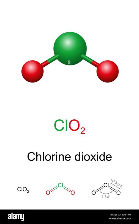 Chlorine dioxide, ball-and-stick model, molecular and chemical formula ...