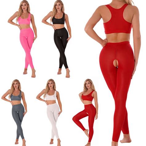 Women See Through Vest High Waist Open Crotch Pants Lingerie Suit Yoga