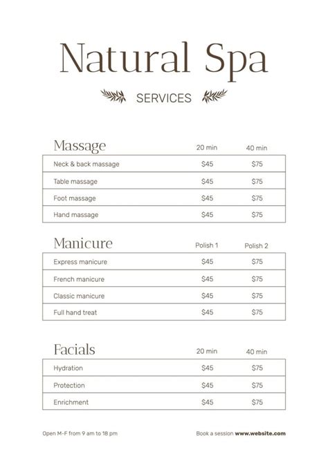 Free Spa Price List Templates To Customize I Wepik