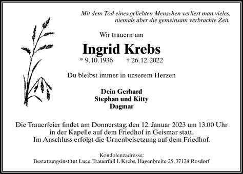 Traueranzeigen Von Ingrid Krebs Trauer Anzeigen De