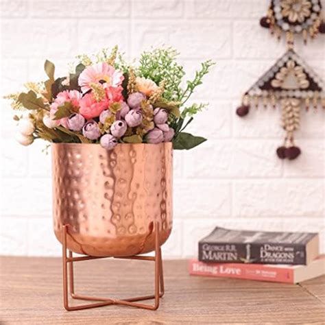 Homeshastra Olive Rose Gold Metal Planter With Hammered Finish Pack