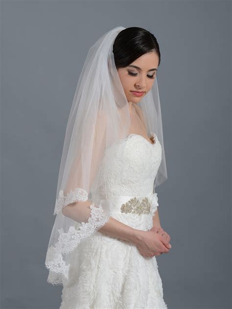 Tier Ivory Elbow Alencon Lace Wedding Veil V