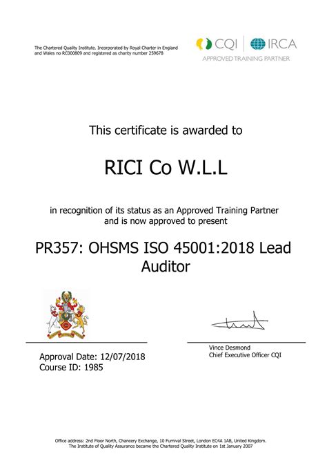 ISO 45001 2018 Lead Auditor Training Course RICI