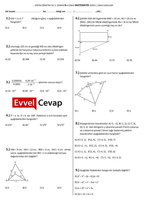 8 Sınıf Matematik 2 Dönem 2 Yazılı Soruları 2018 2019