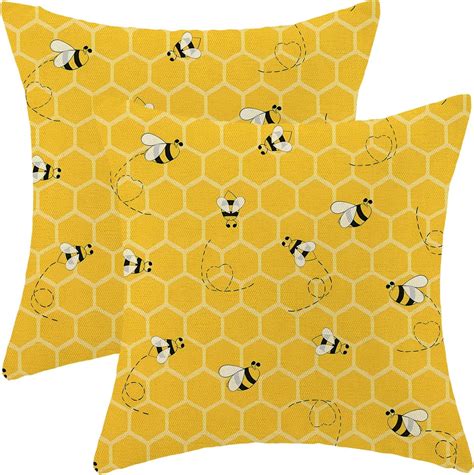 Aeioae Summer Outdoor Pillow Covers 16 X 16 Inch Mustard Yellow Bee Seasonal Decor