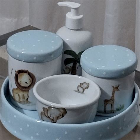 KIT HIGIENE PORCELANA SAFARI BANDEJA TAMPA AZUL CLARO POÁ BR