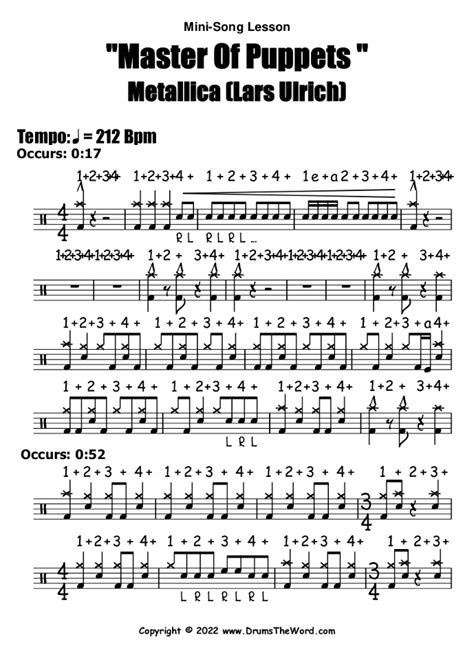 Pace Della Mente Giocatore Lavoro Duro E Faticoso Metallica Drum Sheet