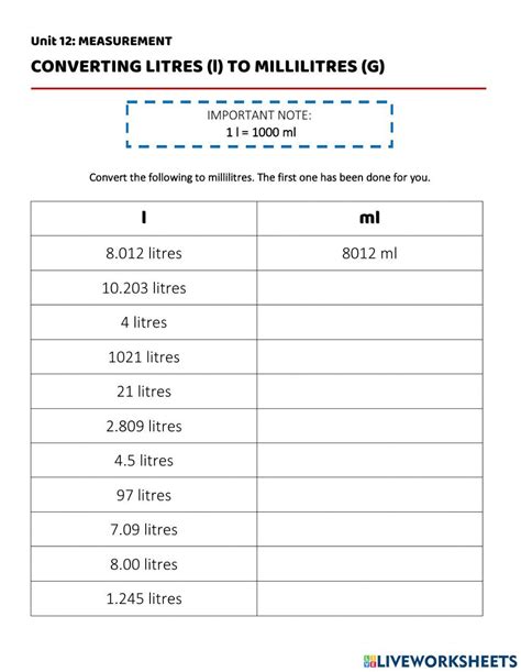 Convert Litres To Millilitres Worksheet Live Worksheets Worksheets Library