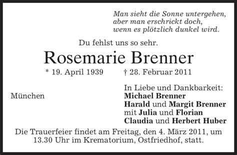 Traueranzeigen Von Rosemarie Brenner Trauer Merkur De