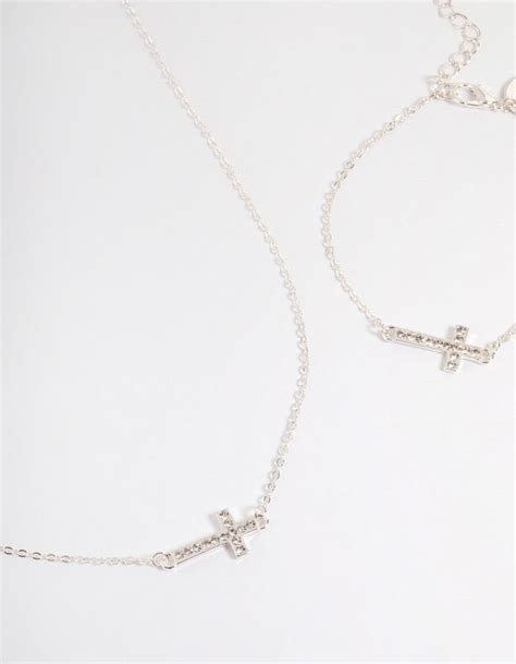 Silver Diamante Cross Jewellery Set Lovisa