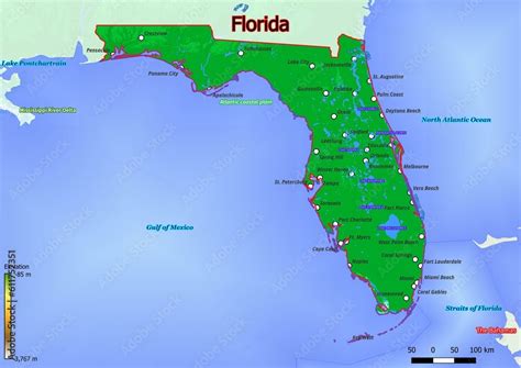 Physical map of Florida with mountains, plains, bridges, rivers, lakes, mountains, cities Stock ...