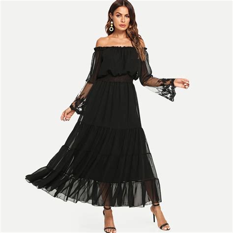 Sheinside Elegant Off Shoulder Lace Panel Party Dress Women 2019