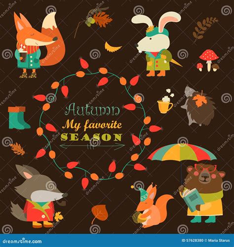 Set of Cartoon Characters and Autumn Elements Stock Vector ...