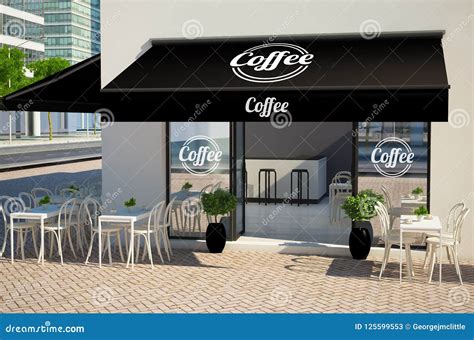 Cafe Facade Mockup Showing Displays and Awning Stock Illustration - Illustration of signboard ...