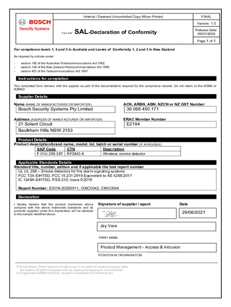 Fillable Online Form Ref SAL Declaration Of Conformity Fax Email Print