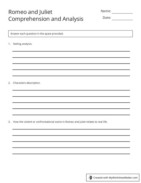 Romeo And Juliet Comprehension And Analysis My Worksheet Maker