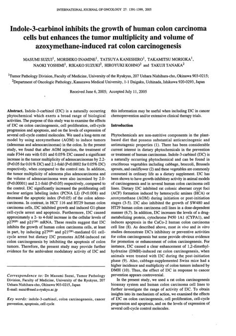 Pdf Indole Carbinol Inhibits The Growth Of Human Colon Carcinoma