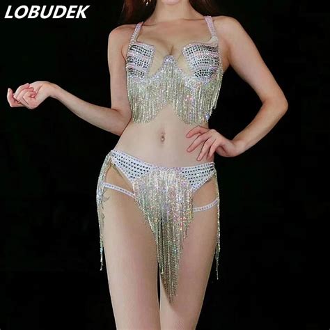 Shining Tassel Rhinestone Party Bodysuit Women Sexy Fringes Crystal