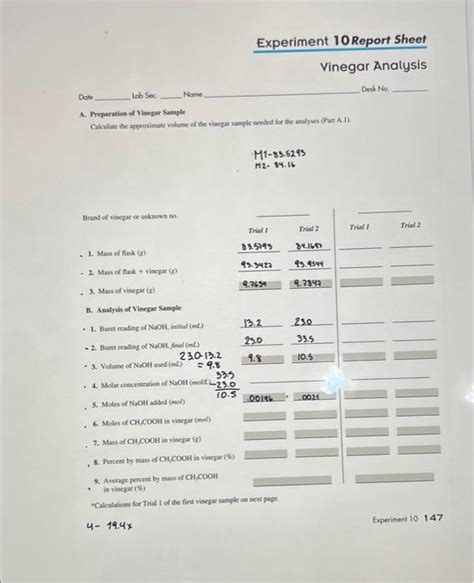 Solved Experiment Report Sheet Vinegar Analysis Dekk No Chegg