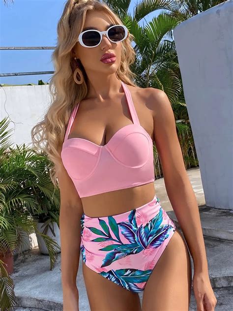 Bikini High Waist Swimsuit Women New Print Solid Bikinis Set Push