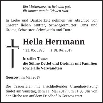 Traueranzeigen von Hella Herrmann Märkische Onlinezeitung Trauerportal