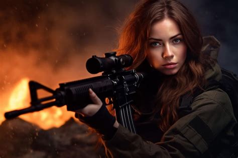 Belle Fille Blonde Fragile Avec Mitrailleuse En Uniforme Militaire