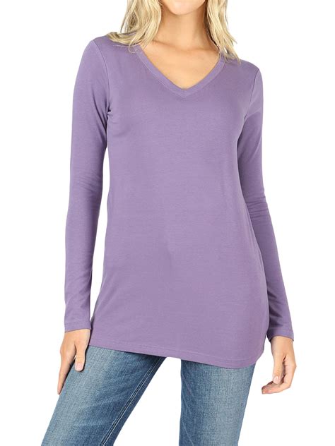 Women Basic Cotton Relaxed Fit V Necks 3x Long Sleeve T Shirt Top