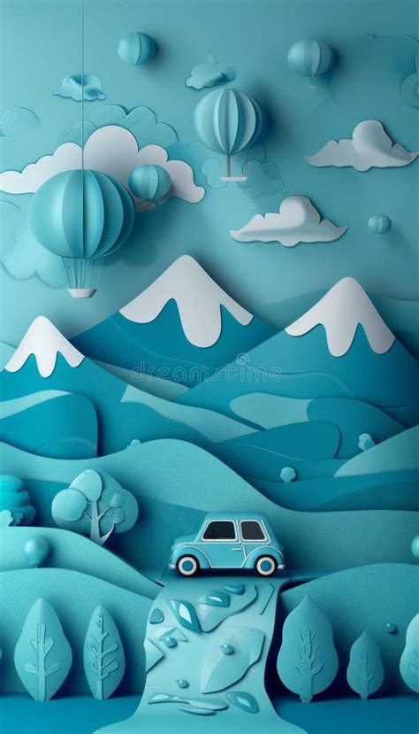 Whimsical Blue Landscape With Mountains Hot Air Balloons Clouds And