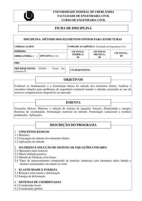 PDF FICHA DE DISCIPLINA feciv ufu br CÓ REQUISITOS Conhecer os