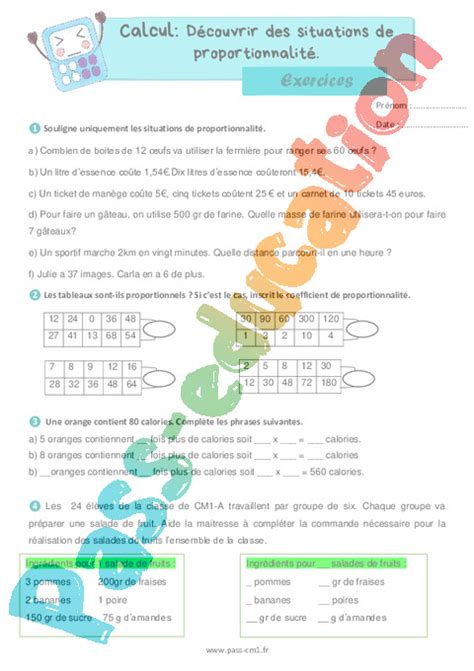 D Couvrir Des Situations De Proportionnalit Exercices De Calcul Pour