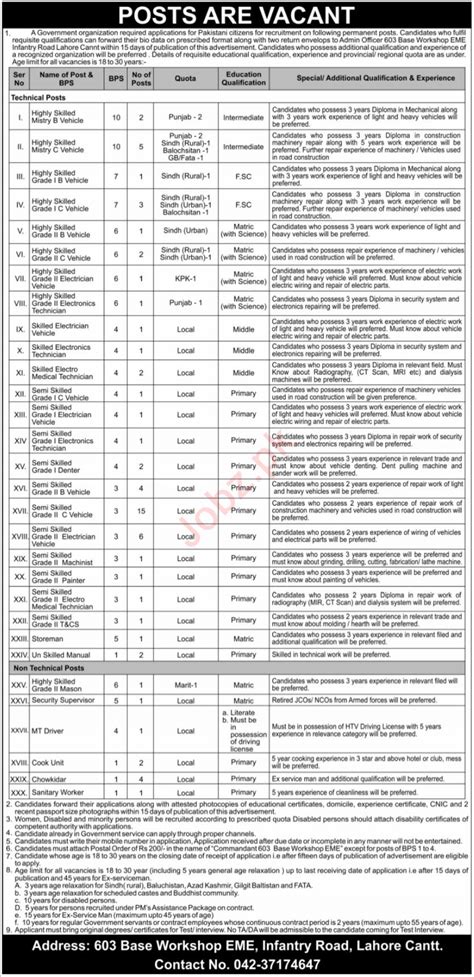 Pak Army Base Workshop Eme Jobs In Lahore Job