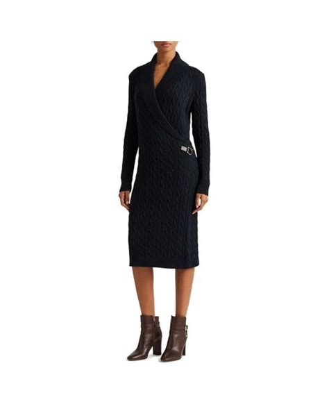 Lauren By Ralph Lauren Cable Knit Buckle Trim Sweater Dress In Blue Lyst