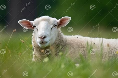 Image Of Young Sheep Resting On Green Pasture Grass On Summer Farm