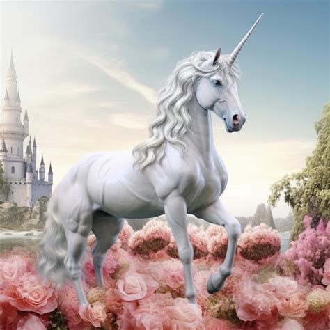 Premium AI Image A White Unicorn With A Pink Castle In The Background