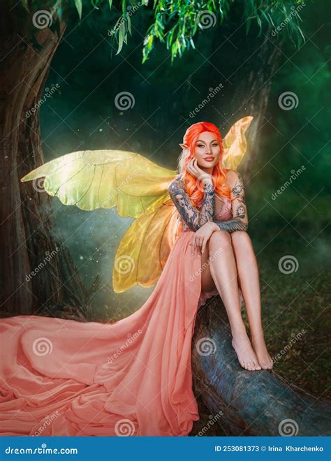 Fantasy Art Portrait Red Haired Woman Fairy Sits On Log Creative