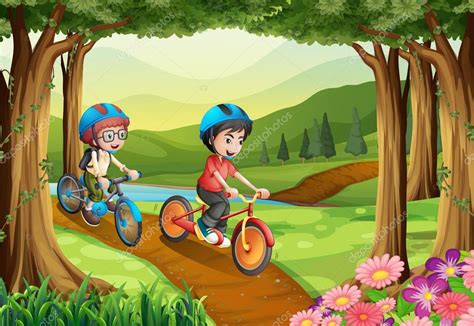 Two Boys Riding Bicycle In The Park — Stock Vector © Interactimages